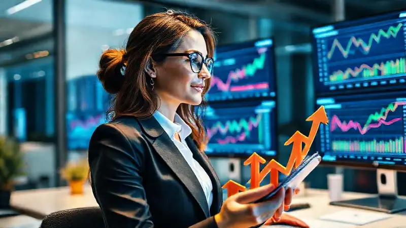 Mujer de negocios analiza gráficos y tendencias