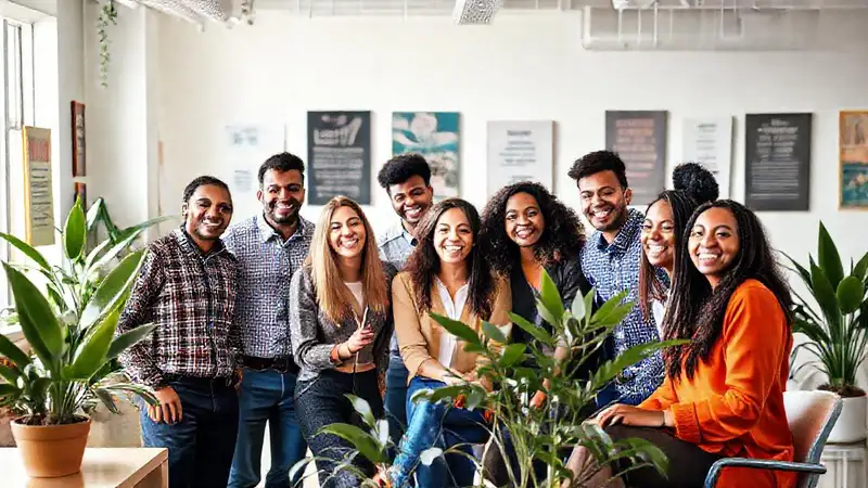 Equipo diverso y motivado en oficina vibrante