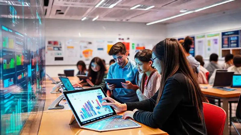 Aula moderna con estudiantes y tecnología digital