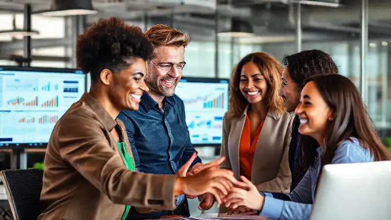 Equipo de trabajo en oficina moderna y dinámica
