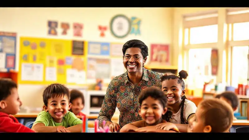 Aula colorida con maestros e estudiantes felices