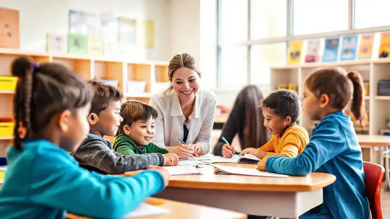 Niños en aula ordenada y alegre
