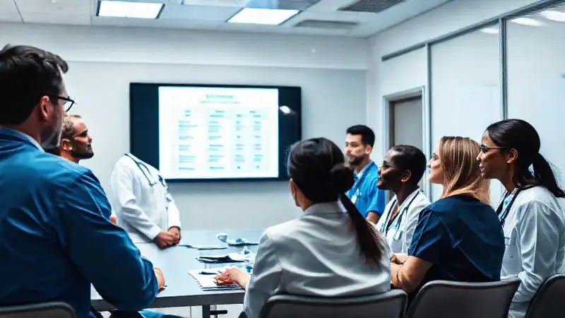 Reunión médica discutiendo ética en entorno moderno