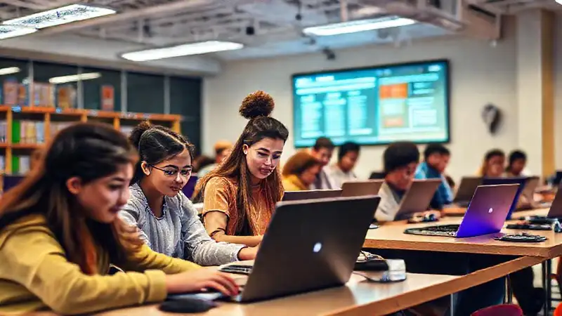 Ambiente educativo moderno y digital, centrado en tecnología