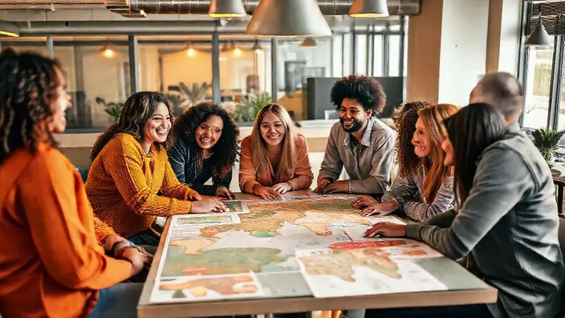 Equipo diverso colaborando con herramientas antropológicas