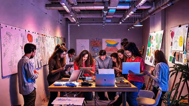 Artistas jóvenes colaborando en un estudio moderno