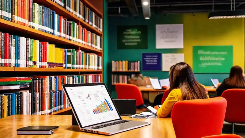Biblioteca moderna con libros, laptops y colaboración