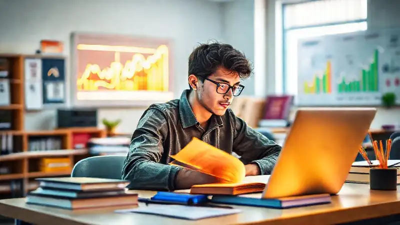 Estudiante estudiando con gráficos económicos motivadores