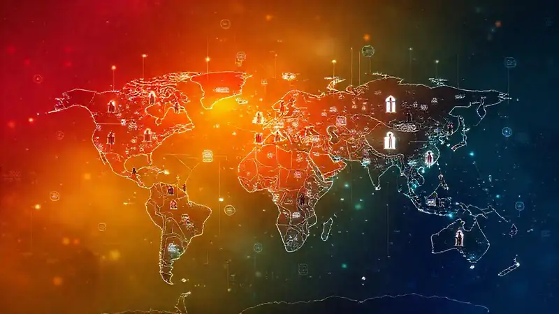 Mapa mundial con íconos futuristas conectados