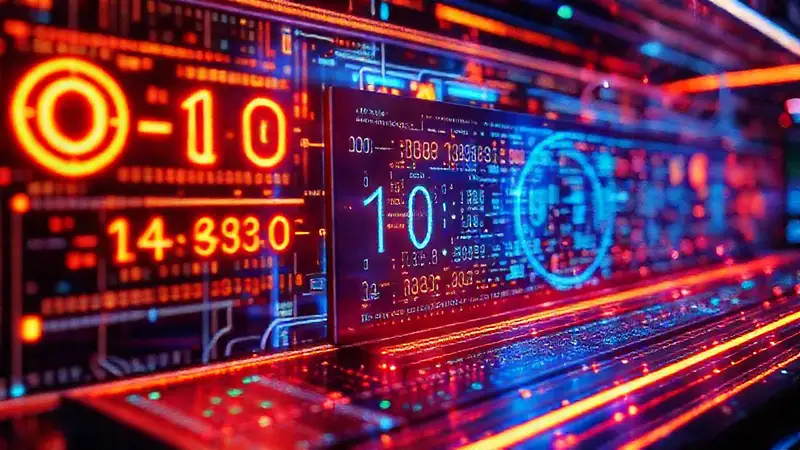 Computadora cuántica futurista con datos brillantes