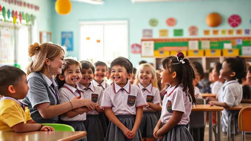 Niños felices en aula colorida y amigable