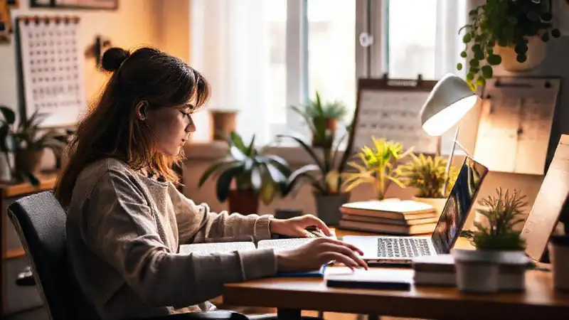 Estudiante estudiando en un espacio organizado