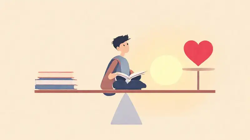 Estudiante equilibrando libros, corazón y éxito