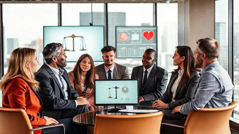 Profesionales discutiendo ética en oficina moderna