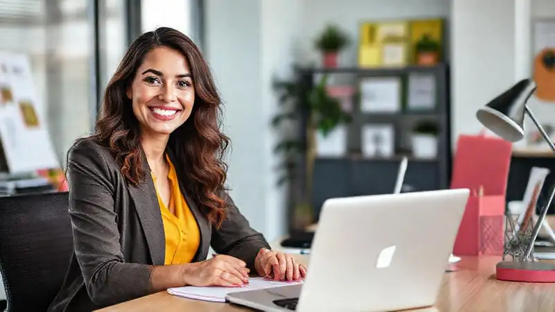 Mujer profesional feliz en oficina moderna