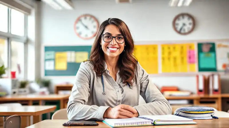 Profesor confiado en aula motivadora y organizada
