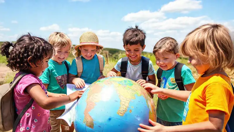 Niños explorando mapas en día soleado