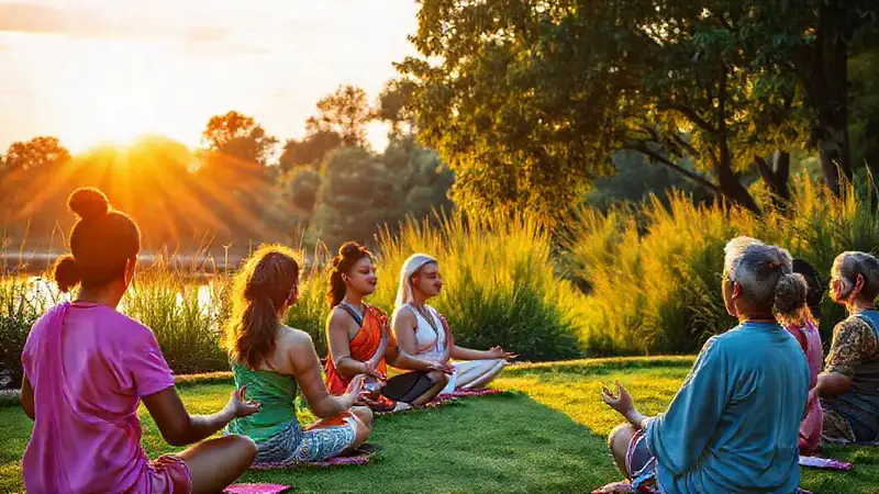 Personas meditando en entorno natural visto hermoso