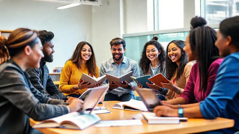 Estudiantes discuten en aula moderna colaborativa
