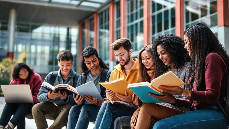 Estudiantes diversos colaborando en campus universitario
