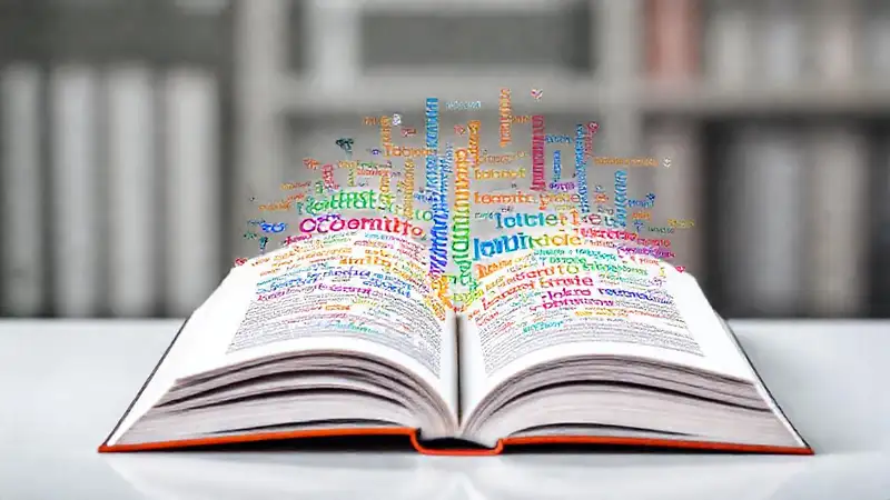 Libro abierto con análisis lingüístico multilingüe