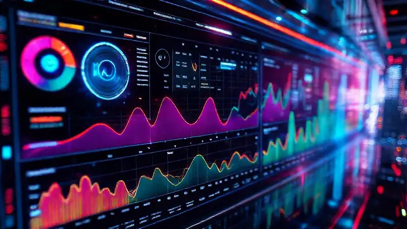 Dashboard futurista con hologramas y colores neón