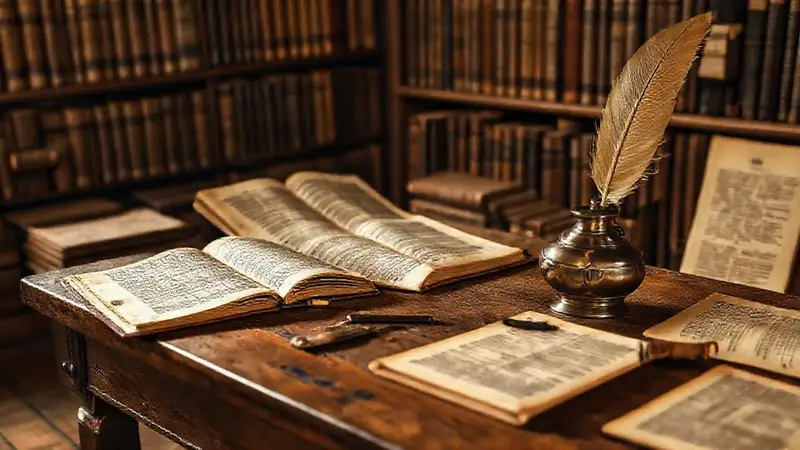 Artefactos antiguos en biblioteca histórica