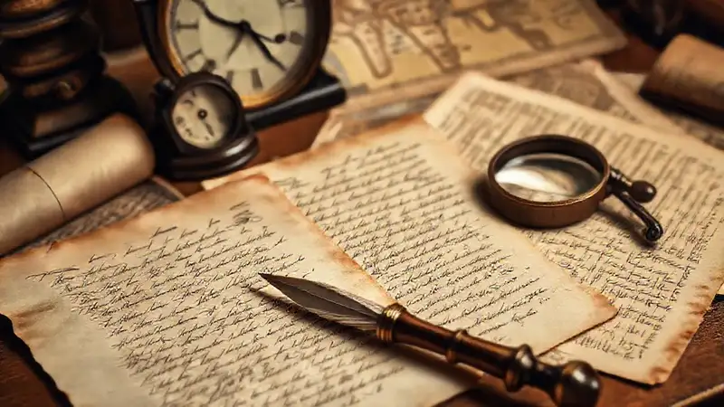 Documentos históricos con pluma y lupa antigua