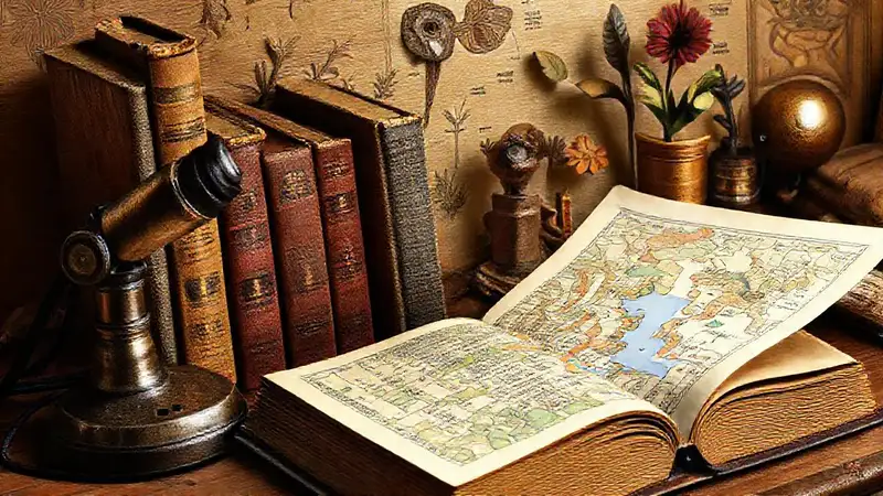Antropóloga con cuaderno, microscopio y mapas