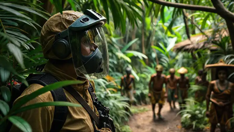 Antropólogo en selva con indígenas y naturaleza