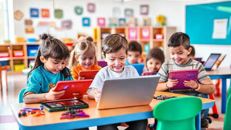 Niños usando tecnología en aula moderna