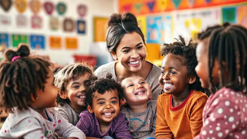Niños felices en aula inclusiva y cálida