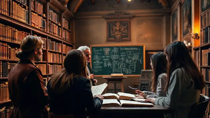 Mentor enseña en biblioteca antigua y cálida