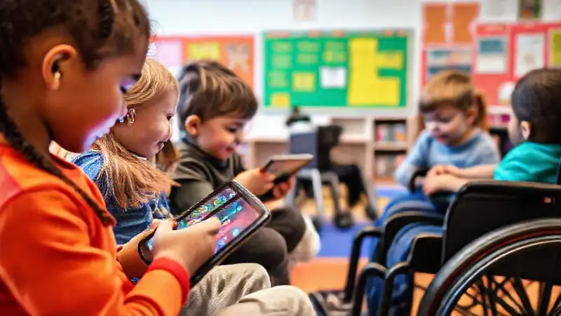 Niños diversos aprenden con tecnología inclusiva
