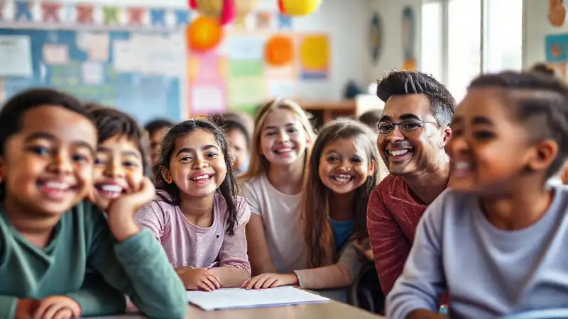 Escuela con estudiantes felices y ambiente positivo