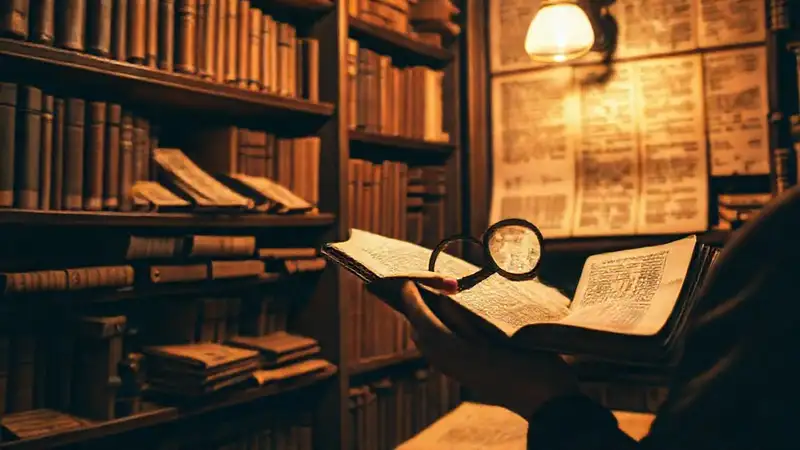 Estanterías antiguas, manuscritos y estudio vintage