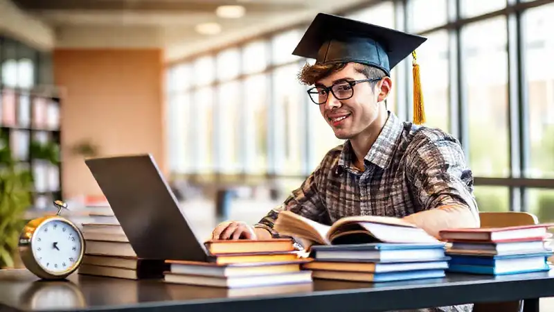 Estudiante motivado en estudio y campus moderno