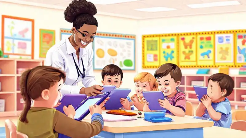 Niños usando tablets en clase colorida y moderna
