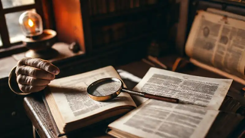 Historiador examina documentos antiguos con lupa
