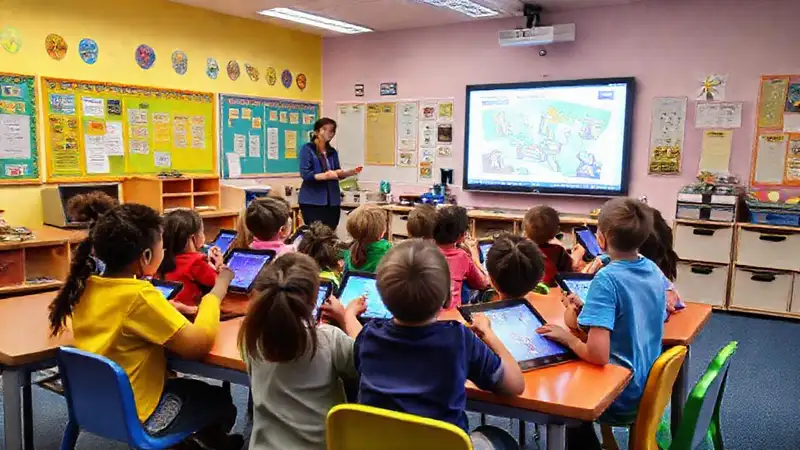 Aula moderna y colorida con estudiantes interactuando