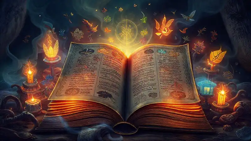 Libro antiguo con símbolos místicos y colores vibrantes