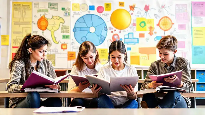 Mapas y estudiantes en aula moderna