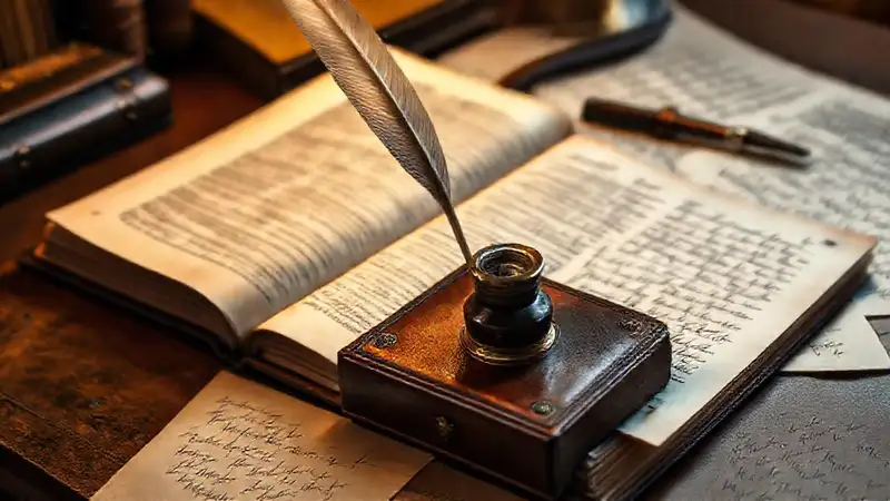 Estudio vintage con pluma y libros antiguos