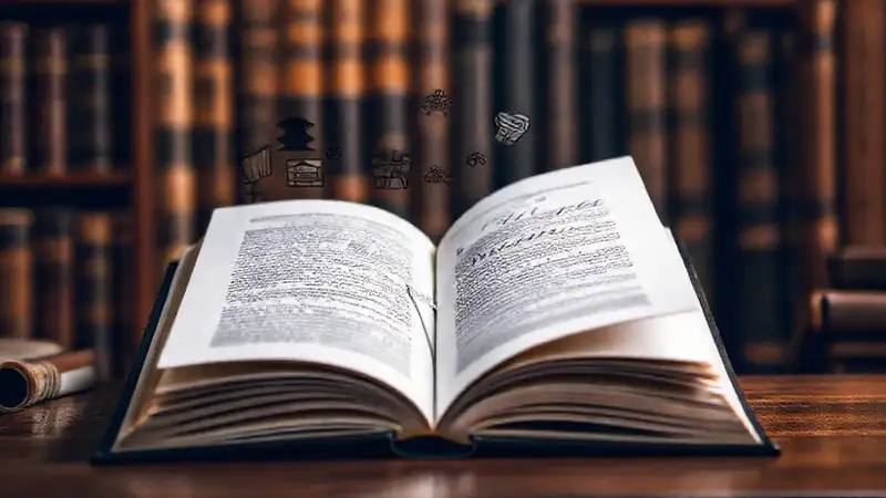 Libro con símbolos académicos en ambiente vintage