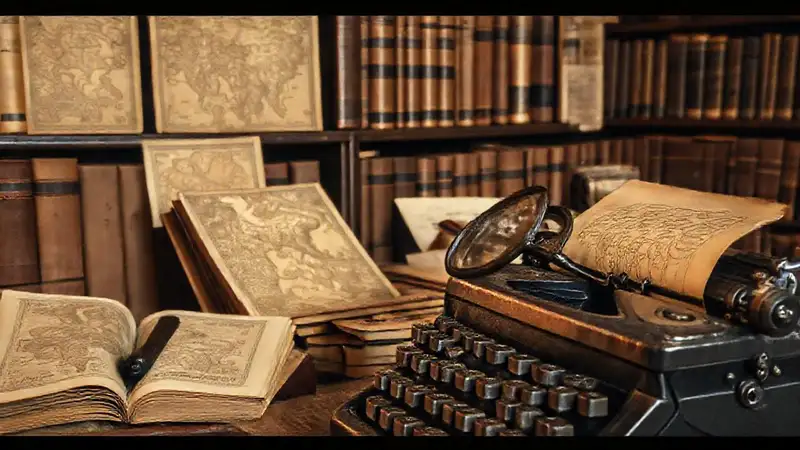 Biblioteca antigua con libros y mapas vintage