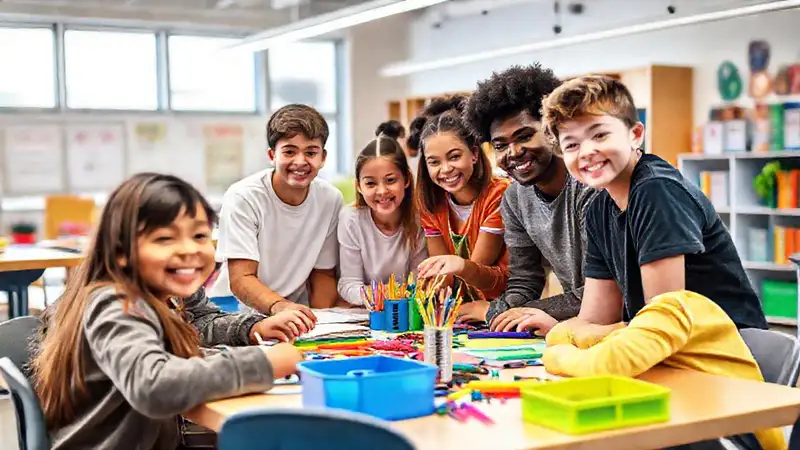 Estudiantes colaboran en aula colorida y creativa