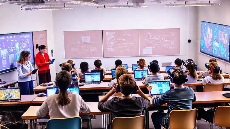 Aula moderna con tecnología interactiva y diversa