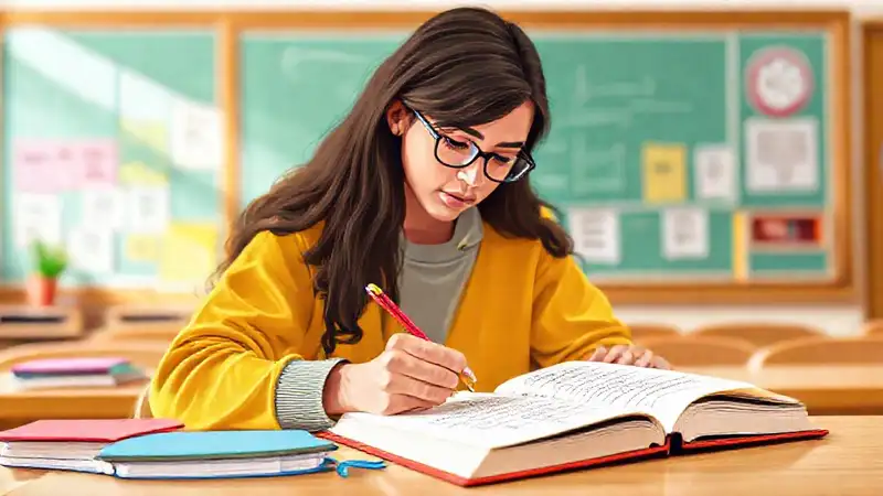 Estudiante tomando notas en aula organizada