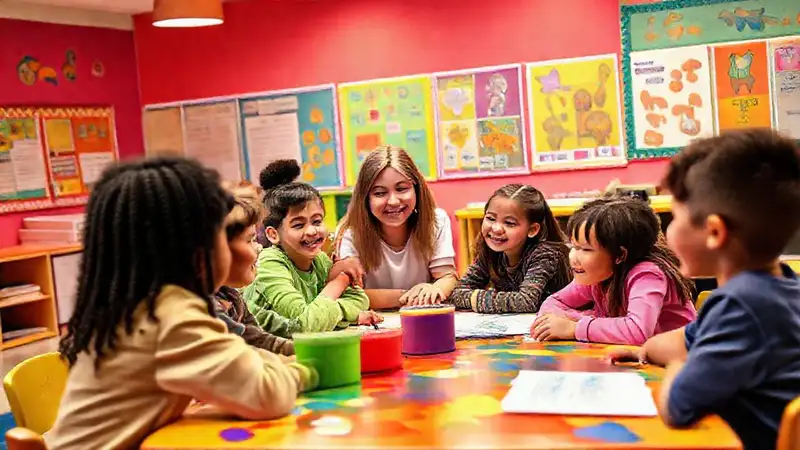 Maestro y estudiantes colaboran alegremente en equipo