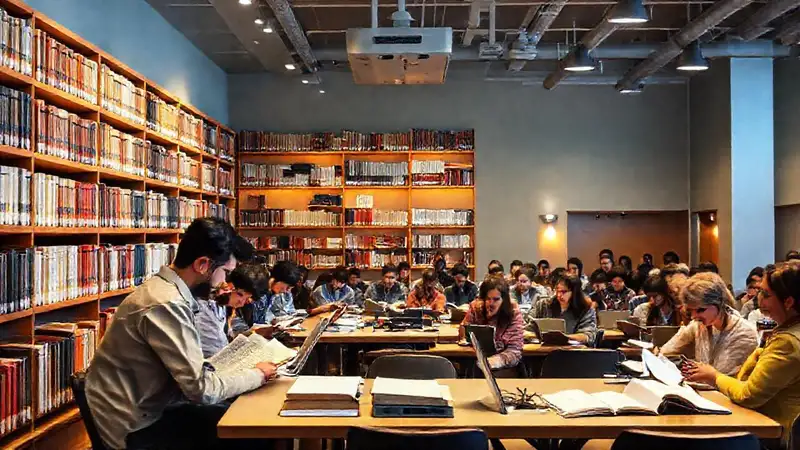 Estudiantes en biblioteca con libros y tecnología